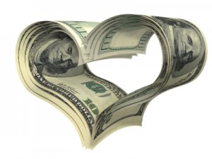 valentine heart shape made by dollars isolated